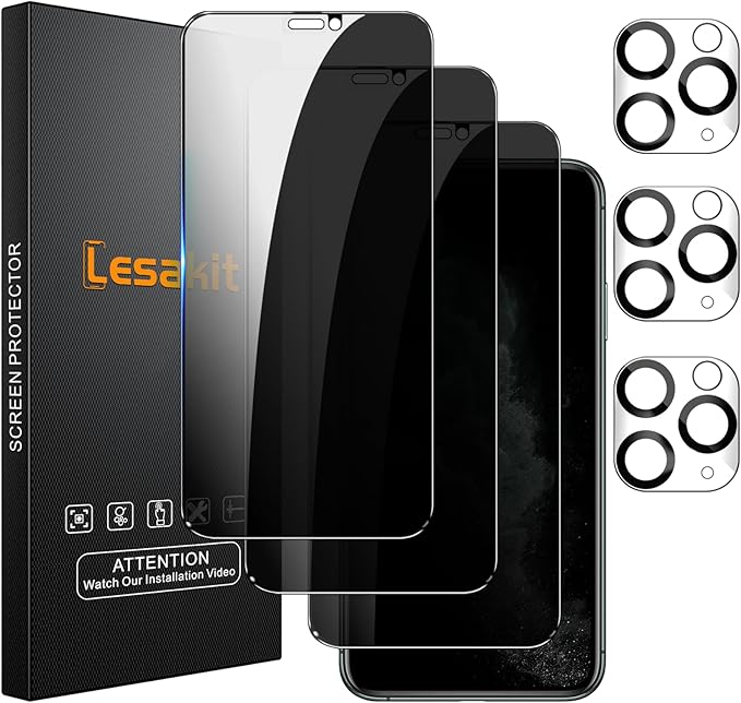 3+3 Pack Privacy Screen Protector for iPhone 11 Pro Max 6.5-Inch with 3 Pack Camera Lens Protector, Anti Spy Tempered Glass Film 9H Hardness Bubble Free Case Friendly