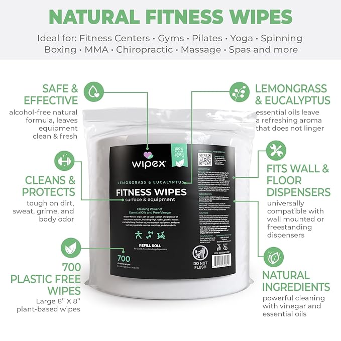 Wipex Gym Wipes Dispenser Refill - EWG Verified - 700 Count 8"x8" Plant-Based Fitness Equipment Wipes with Cleaning Vinegar, Lemongrass & Eucalyptus Essential Oil
