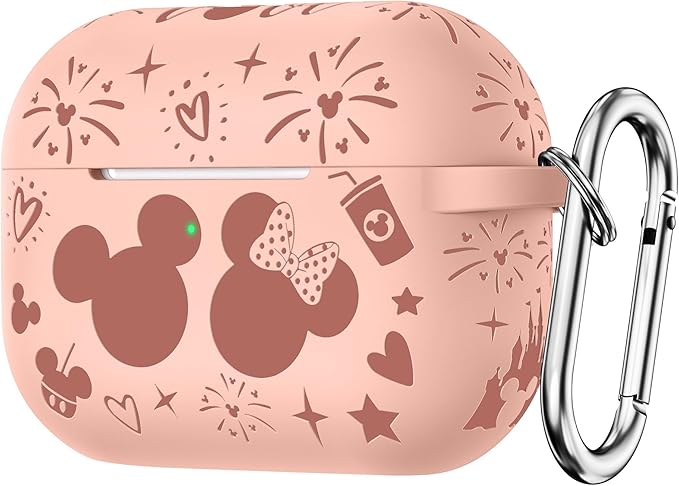 Compatible with Airpods Pro 2nd/1st Generation Case Cover with Keychain, Women Men Soft Silicone Two-Tone Cute Cartoon Engraved Convenience Protective Case, Front LED Visible Pink/Deep Pink