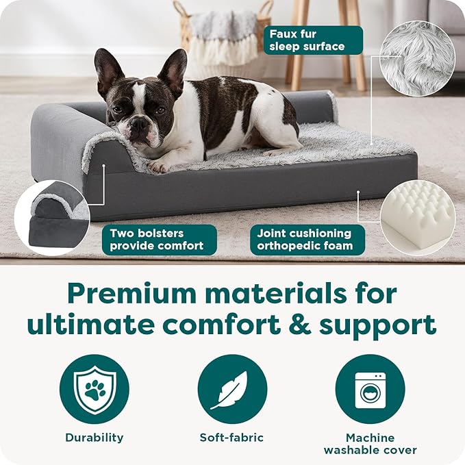 FurHaven Orthopedic Dog Bed for Small/Medium Dogs, L-Shaped Chaise Mattress with Egg Crate Orthopedic Memory Foam for Joint Support, Removable Washable Cover, Medium, Faux Fur & Suede, Stone Gray