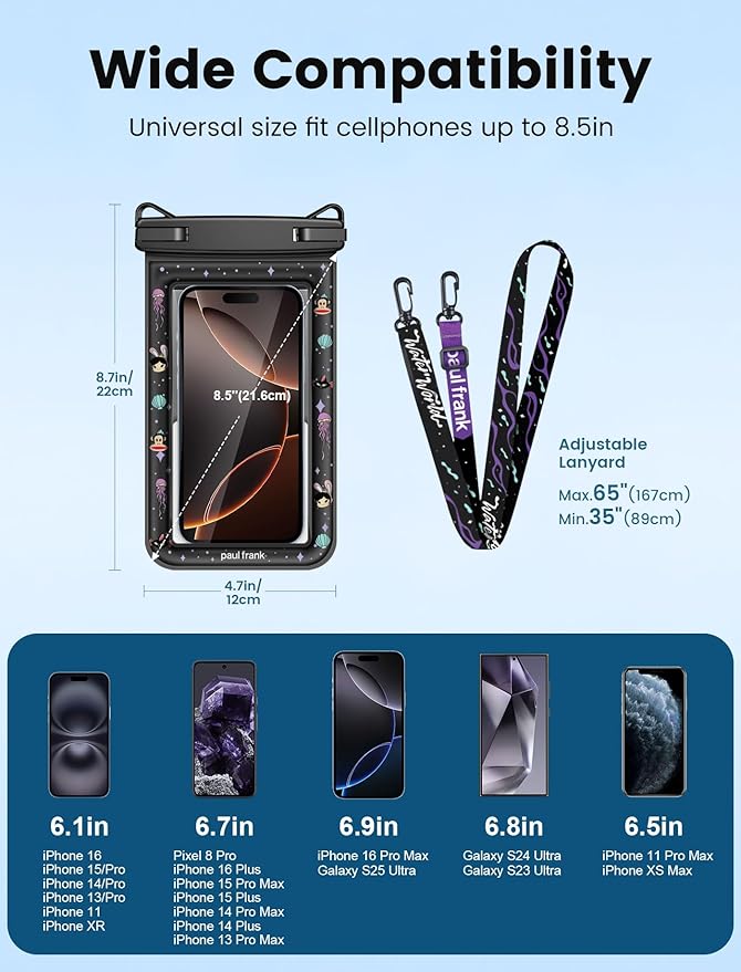 Paul Frank Waterproof Phone Pouch Floating, 2 Pack IPX8 Waterproof Phone Case with Lanyard for iPhone 17 16 15 14 Pro Max Galaxy S25 S24, Cellphone Dry Bag Beach Cruise Ship Essentials(up to 8.5")