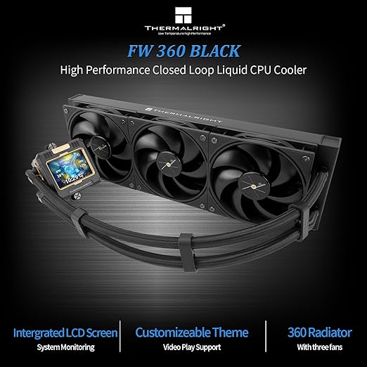 Thermalright FW360 Black CPU Water Cooler with 3 PWM Fans with 2000RPM,IPS LCD Screen with 320*240 Resolution,Liquid CPU Cooler with 2.4in LCD Display,CPU PC Aio Cooler for AM4/AM5/Intel LGA1851/1700
