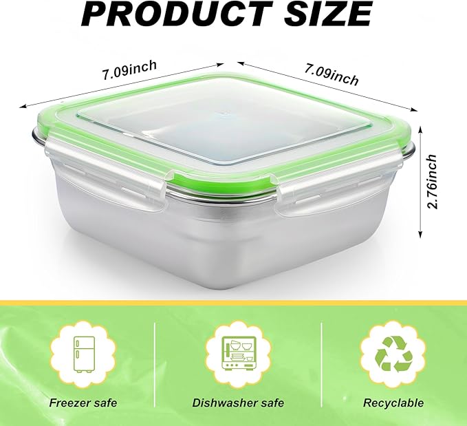 4 Pack Stainless Steel Sandwich Containers with Lids 40.6 oz Metal Food Container for Lunch Boxes with Airtight Silicone Seal for Sandwiches and Snacks(Green)