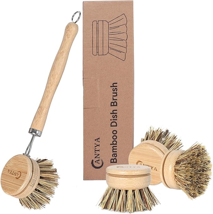 Bamboo Dish Scrubber 4 Replacement Heads, Natural Dish Scrub Brush Sustainable & Biodegradable, Bamboo Dish Brush with Handle for Cleaning Cast Iron Pan/Pot(Hard Bristles)