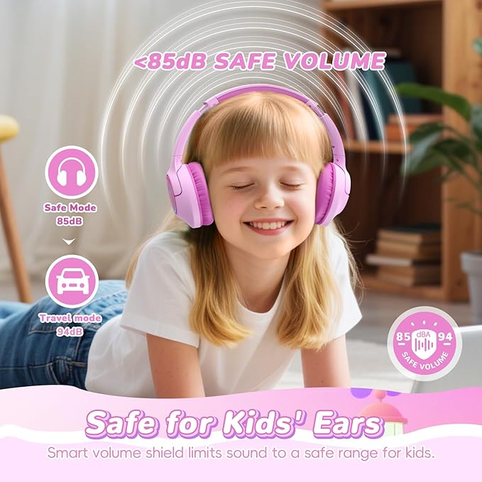 Kids Bluetooth Headphones, 85H Playtime Wireless Headphones for Kids, Colorful LED Lights, 85/94dB Safe Volume Limit, Bluetooth 5.4 Built-in Mic Toddler Headset for Tablet/Airplane (Fuscia Pink)