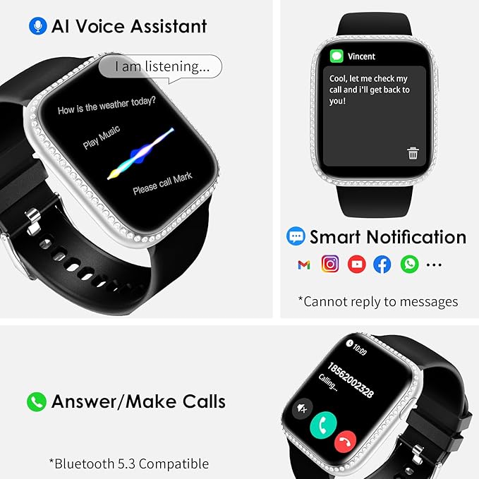 Smart Watch for Women, 1.75" AMOLED Fitness Tracker for Android iOS, Answer/Make Call with Heart Rate Sleep Monitor 130+ Sports Mode, IP68 Waterproof Smartwatch (Black Band with Silver Watch)