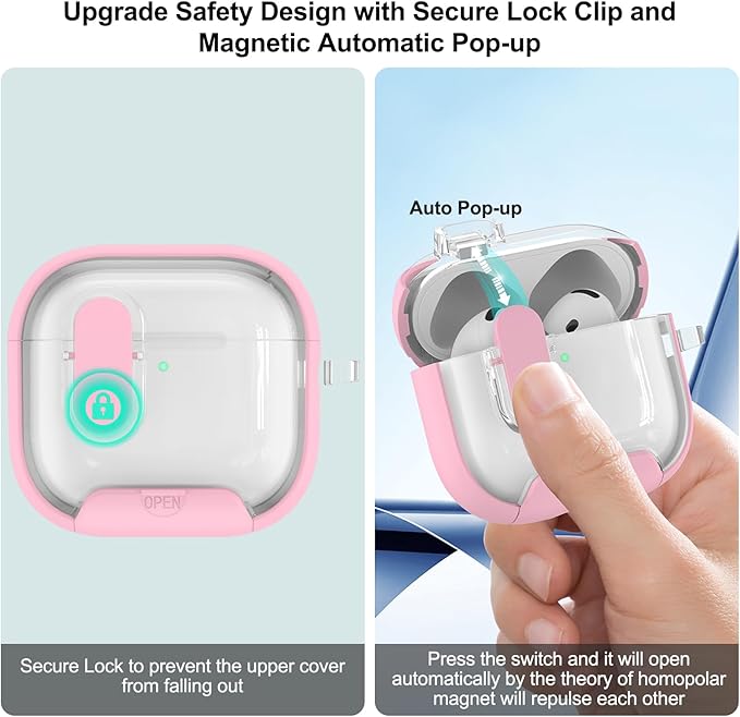 for Airpods 4 Case Clear,Secure Lock for Airpods 4th Generation Case Cover with Phone Stand and Magsafe Function,Auto Pop-up,Hybrid Protection Design with Carabiner&Cleaning Pen-Pink