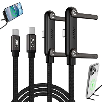 2-in-1 Invisible Stand Fast Charging Cable 240W Type-C Braided Fast Charging Cable Built-in Phone Stand 2 in 1 Phone Holder Cable for Suitable for Gaming Office and Travel Black 2Pack