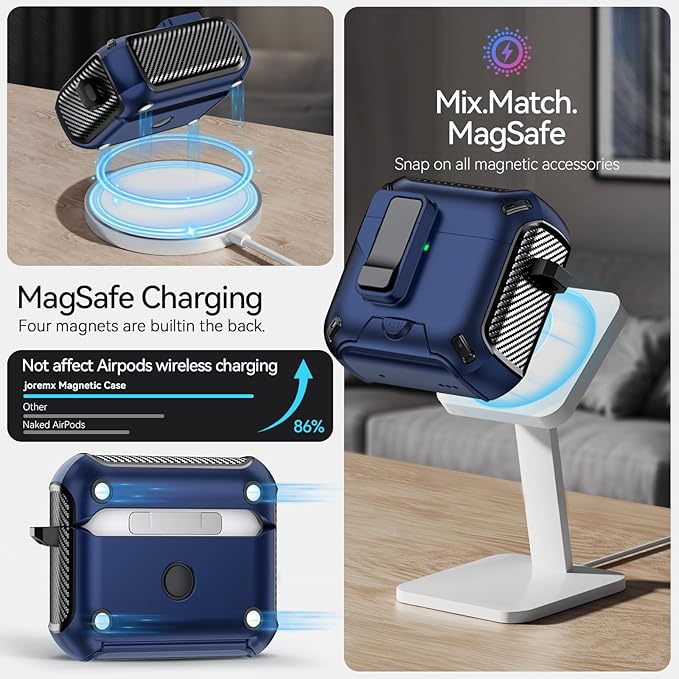 for AirPods 4 Case (2024) with Phone Stand,（with Automatic Snap Switch） Carbon Fiber Design Protection Cover with Cleaning Pen,Blue