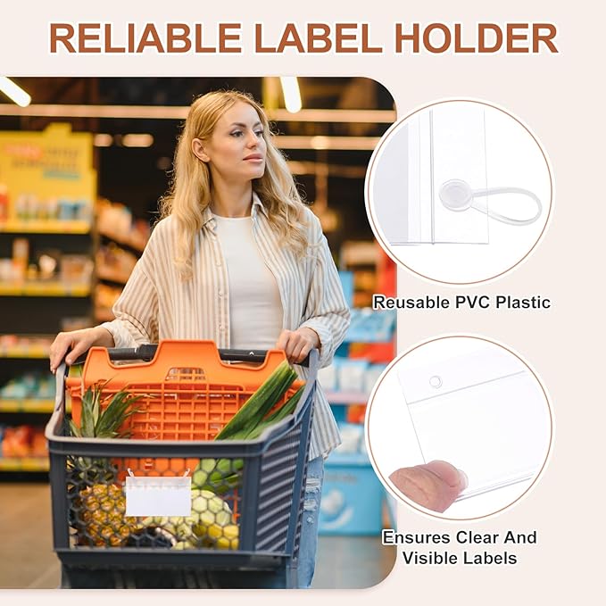 PATIKIL 3.5" x 2.2" Basket Labels Holders, 30 Pack Reusable Plastic Wire Shelf Label Holder Tag Display Clip with Button Lock with Paper Inserts Pens for Home Market Store, Clear