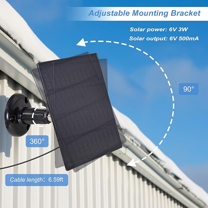 KBT 6V3W Waterproof Solar Panel with Type-C Port & DC3.5mm Port & Adjustable Bracket, Portable Solar Charger for Ring Security Camera Outdoor, Rechargeable Battery Powered Cam, Hunting Cam
