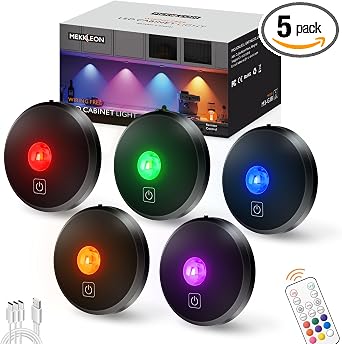 RGB Puck Lights with Remote Control, 2000mAh Rechargeable Stick on Led Lights, 9 Colors & 2 Dynamic, Tap Light with Timing,Under Cabinet Lighting for Closet,Kitchen,Cabinet,Shelf(Black, 5 Pack)