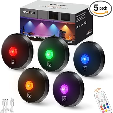 RGB Puck Lights with Remote Control, 2000mAh Rechargeable Stick on Led Lights, 9 Colors & 2 Dynamic, Tap Light with Timing,Under Cabinet Lighting for Closet,Kitchen,Cabinet,Shelf(Black, 5 Pack)