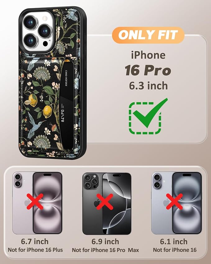 for iPhone 16 Pro Case with Wallet - Fits 4 Card Slots, Compatible with MagSafe for Women Aesthetic Durable PU Leather Credit Card Holder Kickstand Phone Cover for Apple 16 Pro, Lemon Bird
