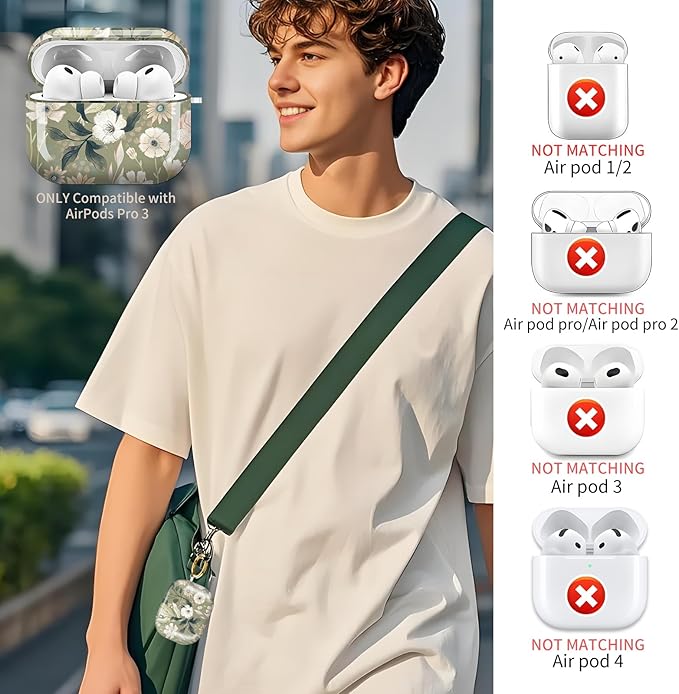AirPod Pro 3 (2025) Case Cover for Women, Cute Shockproof TPU Protective Case with Gold Round Buckle, Anti-Drop Design Cute Boho Green Flower