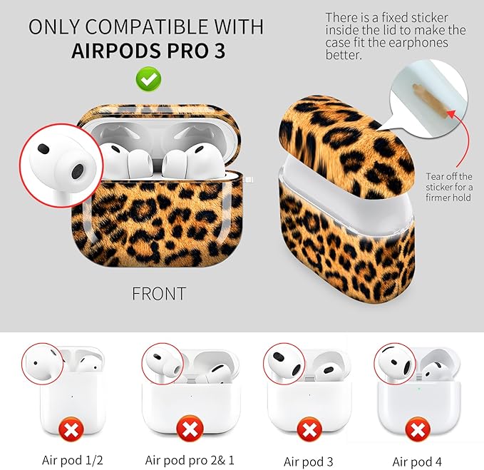 Cute Hard Case Compatible with AirPods Pro 3rd Generation Case (2025), Shockproof Protective Cover with Golden Keychain Ring Clip (Luxury Leopard)