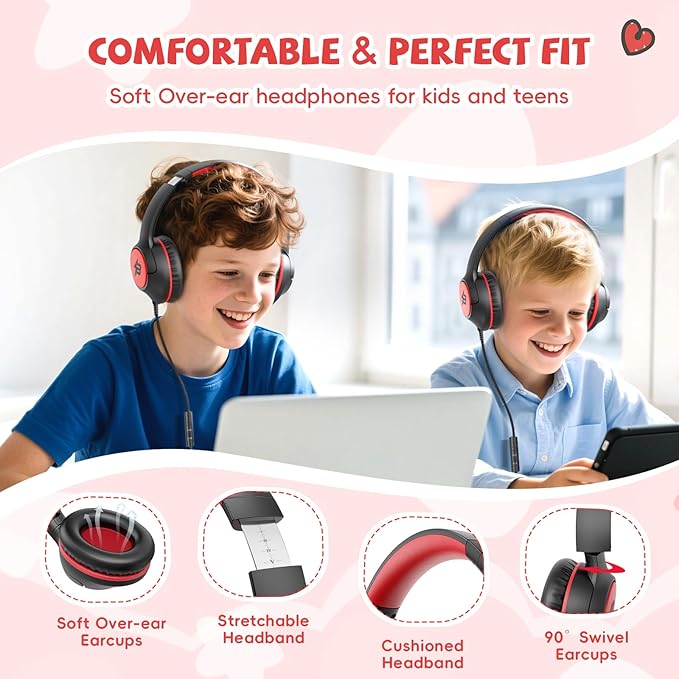 Kids Headphones Wired with USB C Plug, 85/94 dB Volume Limit Foldable USB Type C Headphones for Kids Boys Girls, Plug in Headphones Corded Over Ear Wired Headphones for School/Tablet/Travel, Black Red