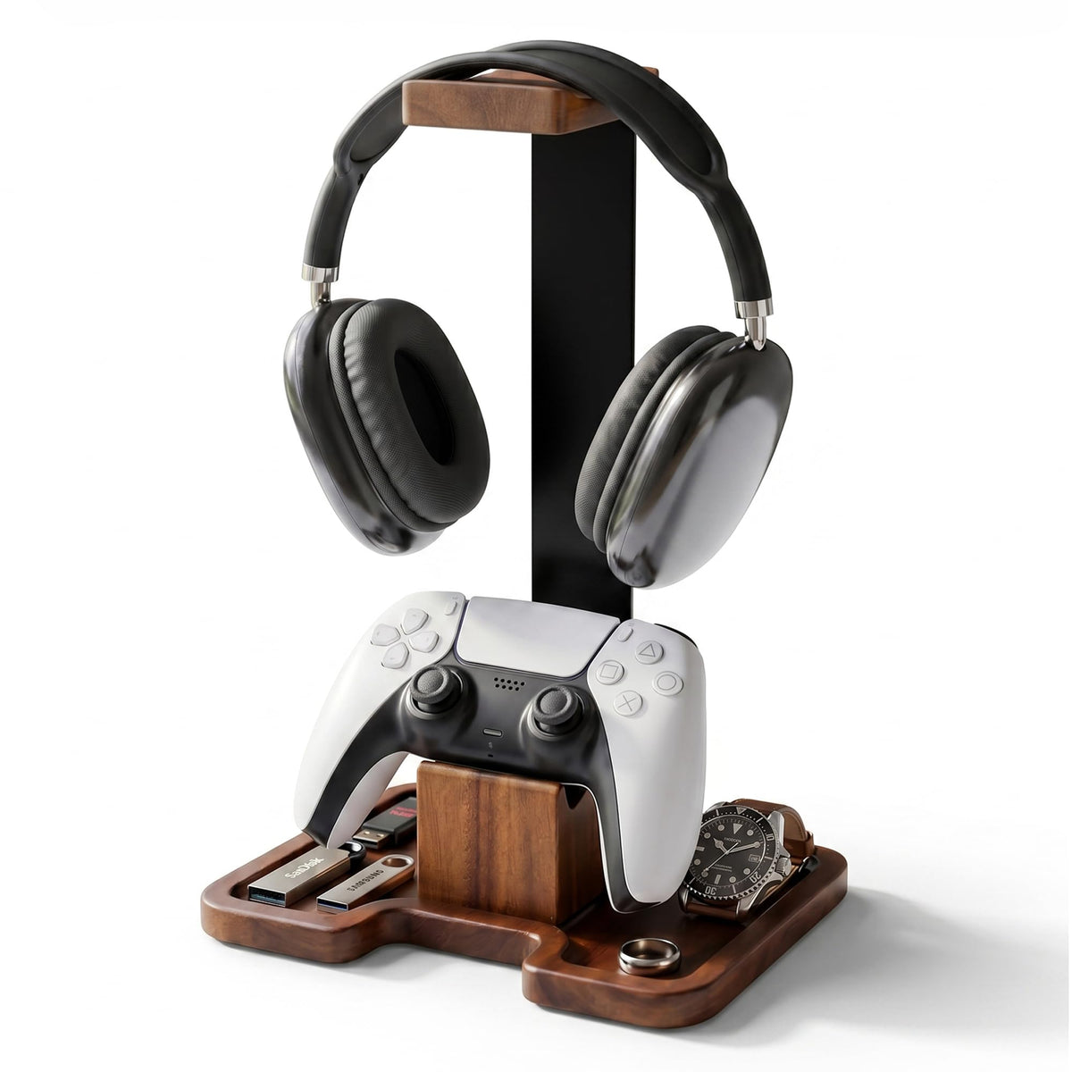 Gaming Equipment Headset Stand with Game Controller Holder & Storage Base, Stylish Gamer Gifts for Men Teenage Boy Headphone Stand, Unique Gifts for Gamers to Organize Gaming Accessories (Brown Wood) - Image 1