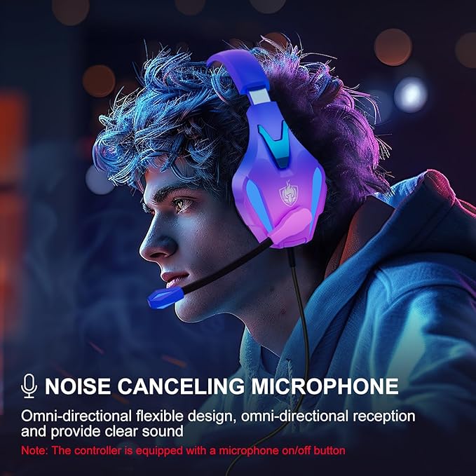 PHOINIKAS PS4 Gaming Headset for PC, Switch, PS5 Headset with 7.1 Stereo Sound, Gaming Headphones with Noise Cancelling Mic, LED Light, Over Ear Headset for Laptop, Mobile (Violet)