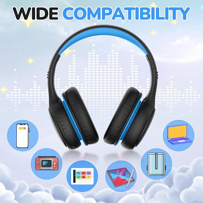 Kids Bluetooth Headphones, 60 Hours Playtime, Bluetooth 5.4 Kids Headphones Wireless, Type-C Fast Charging, 85/94dB Volume Limited, Foldable Toddler Wireless Headsets with Mic-Black Blue