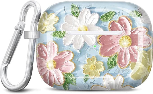 JIAXIUFEN Compatible with AirPods Pro 2 Gen/1 Gen Case Cover Retro Oil Painting Printed Flower Protective TPU Skin Accessories for Women Girl Blue Pink