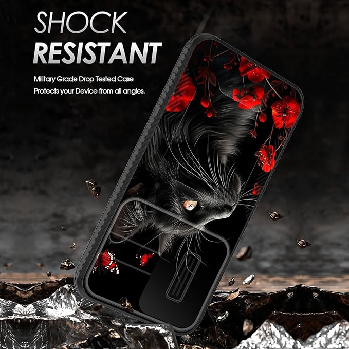 for Galaxy A35 5G Case Built in Slide Camera Lens Cover,Heavy Duty Shockproof Protection Dual Layer Case for Samsung Galaxy A35 5G 6.6 inch 2024,Black Cat Flowers and Butterflies