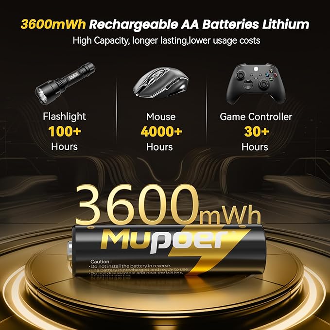 Rechargeable AA Lithium Batteries with Charger,16 Count 3600 mWh 1.5V Double A Batteries High Capacity,Long Lasting Rechargeable AA Li-ion Battery with Integrated Charging Storage Box - Gold
