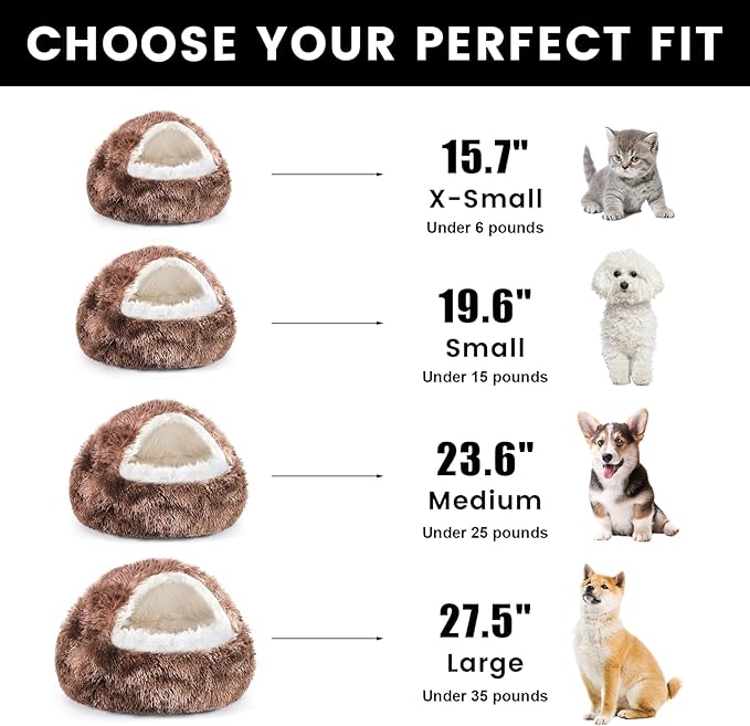 NOYAL Round Hooded Donut Dog Bed for Small & Medium Pets - Plush Fluffy Anti-Anxiety Cat Cave Bed with Cover