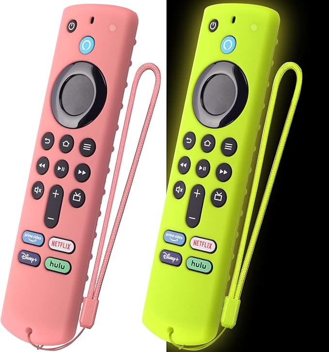 2 Pack Silicone Cover for Stick TV 4K Max Remote Control, Anti Slide Remote Case Cover for Stick TV 4K Protective Sleeve with Lanyard(Pink+Glow Green)