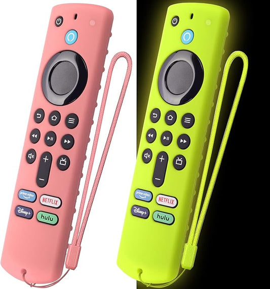 2 Pack Silicone Cover for Stick TV 4K Max Remote Control, Anti Slide Remote Case Cover for Stick TV 4K Protective Sleeve with Lanyard(Pink+Glow Green)
