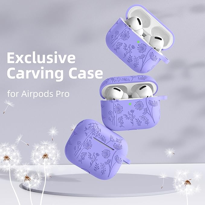 Lerobo Flower Engraved Cover for Airpods Pro 2nd 1st Generation Case USB C, Cute Soft Silicone Skin Full Protective Cover Compatible with Apple AirPods Pro/Pro 2 Case, Front LED Visible, Bluish Violet
