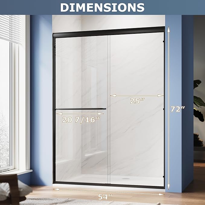 SUNNY SHOWER Double Sliding Glass Door 54" W x 72" H Shower Door 1/4" Tempered Glass Sliding Door Semi-Frameless Shower Glass Enclosure Bypass Walk in Shower Cabin, Matte Black