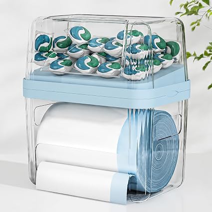 2-in-1 Trash Bag Holder Laundry & Dishwasher Pods Container,Garbage Bag Dispenser with Removable Lids,Kitchen Organizer and Under Sink Storage Box (Blue)