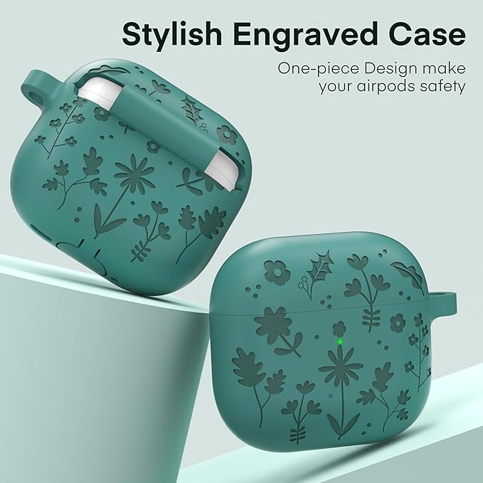 Maxjoy for AirPods 4 Case, Engraved Silicone Cute AirPod 4 Case for Women Men Protective iPod 4 Cover with Keychain Cleaning Kit for AirPod 4th Generation Cover 2024, Pine Green