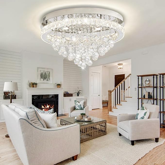 Dia 24" Modern Crystal Chandeliers for Dining Room,Silver Raindrop Chandelier Flush Mount Chandeliers for Living Room Bedrooms Dining Room Dimmable 2700k 4500k 6000k
