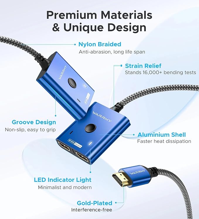 4K@60Hz HDMI Splitter Switch 2 in 1 Out, WARRKY [3.3ft Fixed Braided HDMI Cable, Aluminum Case, HDCP 2.2] Bidirectional 2x1 Switcher UHD Compatible for PS5/4, Nintendo Switch, Roku, FireStick – Blue