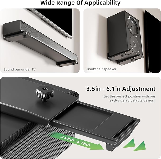 ELETIUO Soundbar Wall Mount Bracket for Samsung, LG, Sony, JBL, Vizio, Sonos and More, Depth Adjustable 3.5”-6.1”, Soundbar Shelf Under TV, Black