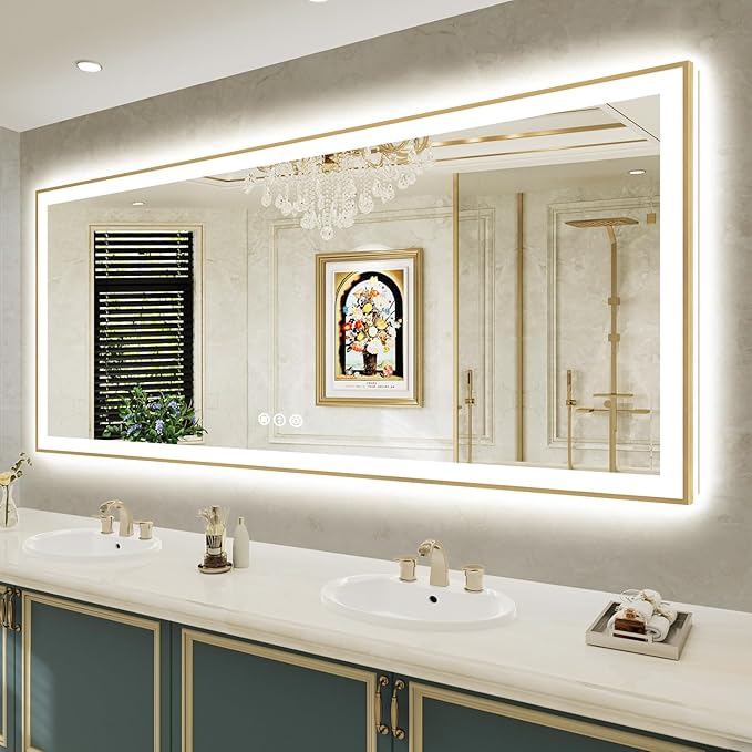 84x40 Inch LED Bathroom Mirror with Lights (Front Lit and Backlit) Gold Framed Lighted Vanity Mirror for Bathroom Wall Dimmable Anti-Fog Memory Tempered Glass Horizontal/Vertical