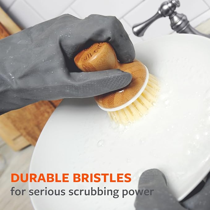Full Circle Bubble Up Bamboo Dish Brush & Ceramic Soap Dispenser-Family Safe, Formaldehyde-Free-Kitchen Scrub Brush for Dishes, Nonstick & Cast Iron,Gray
