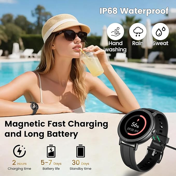 Smart Watch for Women, 1.27" HD Fitness Tracker with Bluetooth Calls(Answer&Make) IP68 Waterproof Smartwatch Compatible IOS/Android,100+ Sport Modes Watch with Heart Rate/Sleep Monitor Pedometer Black