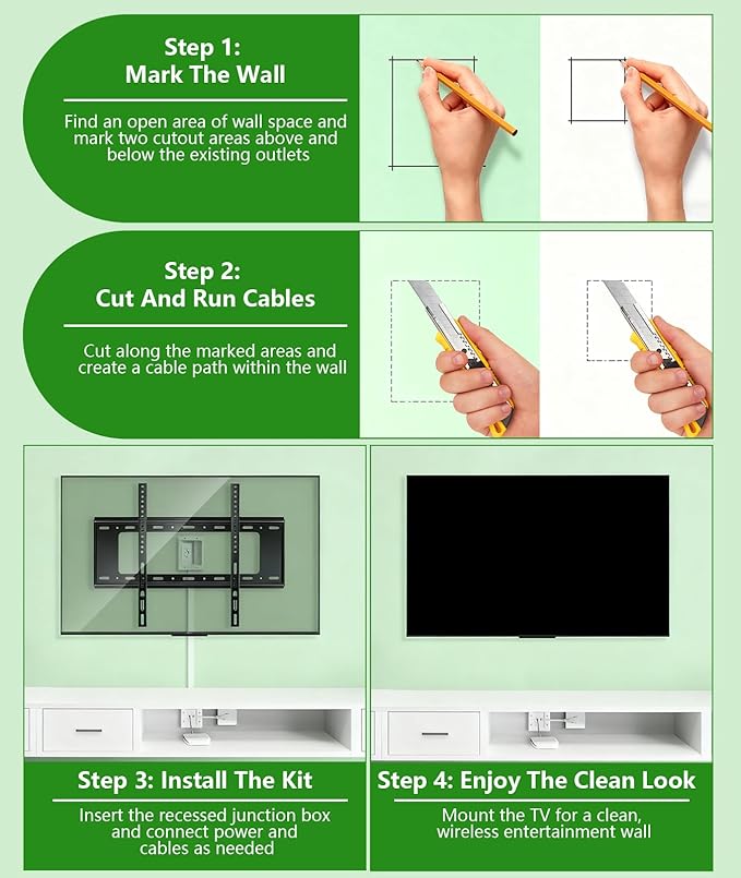 TV Cord Hider for Wall Mounted TV – Dual Outlet in-Wall Cable Management Kit for Power & Low Voltage Cables – Includes 9.84”L x 7.87”H x 3.94”D Module, Wall Template, Saw (4 Data Cable Jacks)
