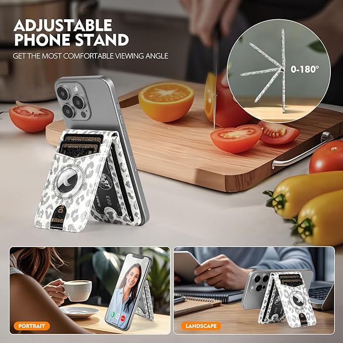 Compatible with Magsafe Case with RFID Blocking Card Holder AirTag pocket for iPhone 17/16/15/14/13/12 Pro/Pro Max/PlusSeries,Not Fit iPhone Mini,Leopard-White