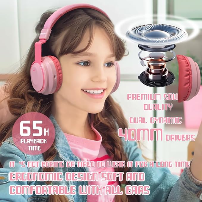 Kids Headphones Bluetooth 5.3 Wireless Lightweight Fast Charging 68 Hours Play Time Volume Limited 85/94dB Over Ear Foldable with Built-in Mic for Toddler Boy Girl Tablet Pad Pink