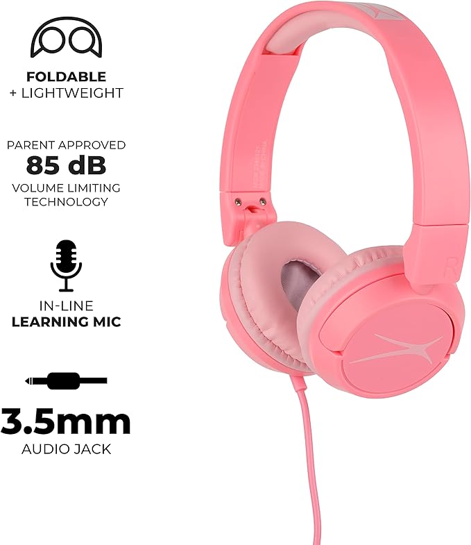Altec Lansing Over The Ears Kids Headphones - Wired - Volume Limiting Technology for Developing Ears, Ages 6-9, Perfect for Learning from Home, Pink
