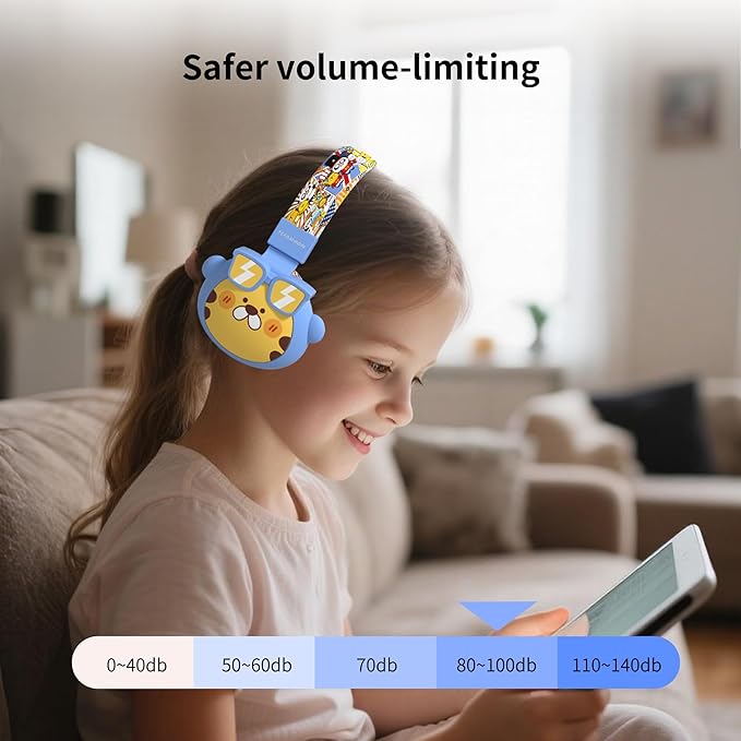 Kids Bluetooth Headphones, 85dB Volume Limit, Ultra-Soft Over-Ear, Built-in Mic, Foldable, Beerus Cartoon Animal Design, Suitable for School & Travel, FM/TF/AUX Supported