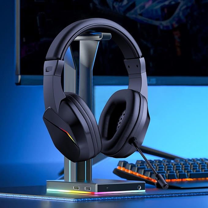 GOWENIC USB Wired Headset, Noise Isolation Gaming Headphones with 7.1 Surround Sound RGB Lighting and Flexible Noise Canceling Mic, for PC Gaming Call Center Online Classes (Black)
