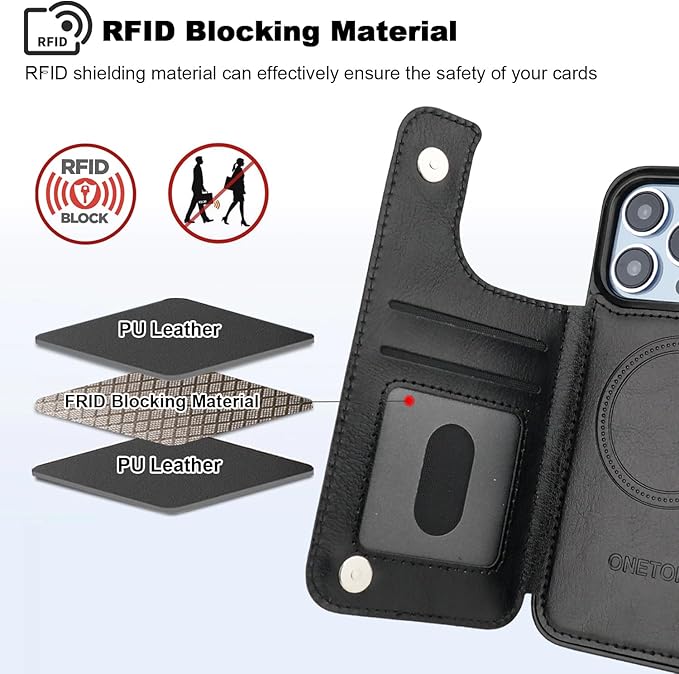 ONETOP Compatible with Magsafe for iPhone 13 Pro Wallet Case with Card Holder, PU Leather Kickstand RFID Blocking Case, Double Magnetic Clasp and Durable Shockproof Cover 6.1 Inch (Black)