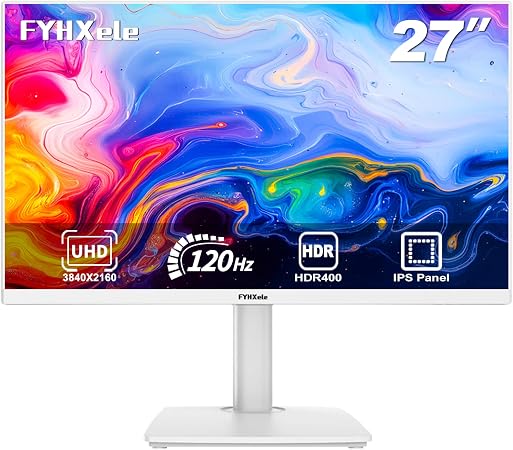 FYHXele 27 inch 4K Gaming Monitor, UHD 3840x2160 Fast IPS Panel Computer PC Monitor, 120Hz, 100% sRGB, FreeSync & G-Sync, HDR 400 Support, HDMI 2.1 & DP 1.4, VESA Mountable-White