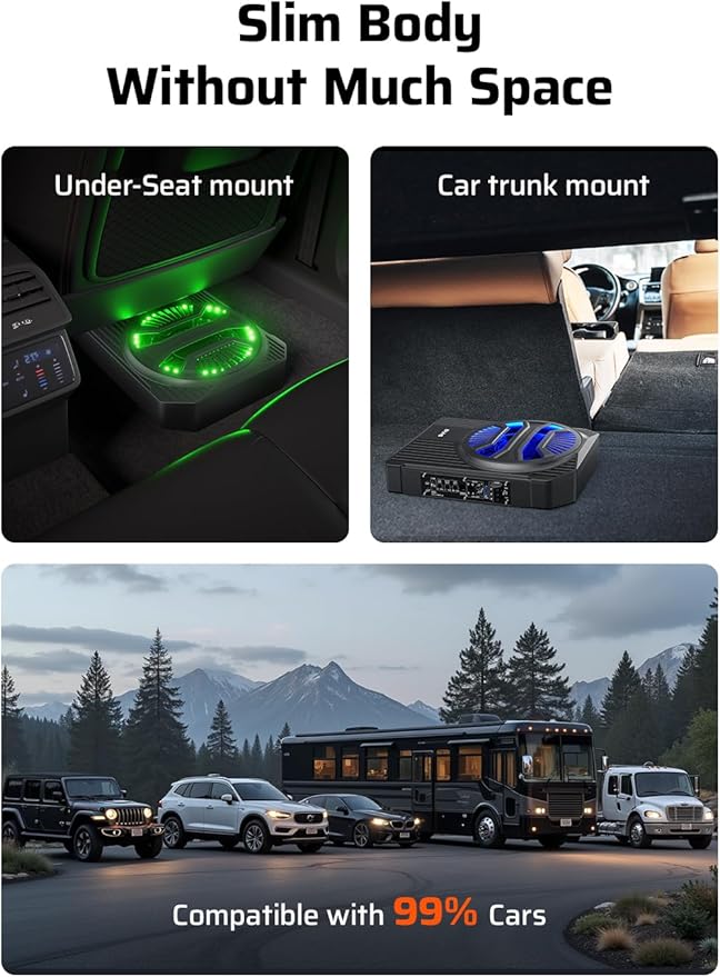 Ehaho Slim Under Seat Subwoofers with AMP, 10 inch Powered Subwoofer with Amplifier and RGB Lights, APP and Remote Control for Music Sync and Lighting Chasing Effects, Car Truck Audio Subwoofer