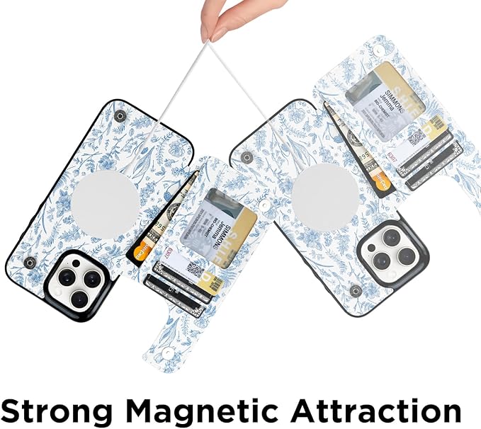 uCOLOR for iPhone 14 Pro Max 6.7" Wallet Case Magsafe with Card Holder Slot【Compatible with MagSafe】 Folio Flip PU Leather Double Magnetic RFID Design (Blue Toile Flowers)